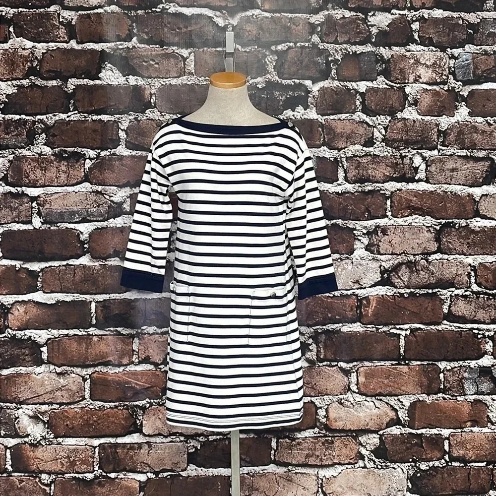 Kate Spade Dress Nautical Stripe Navy Blue White Boatneck Pockets Size Small